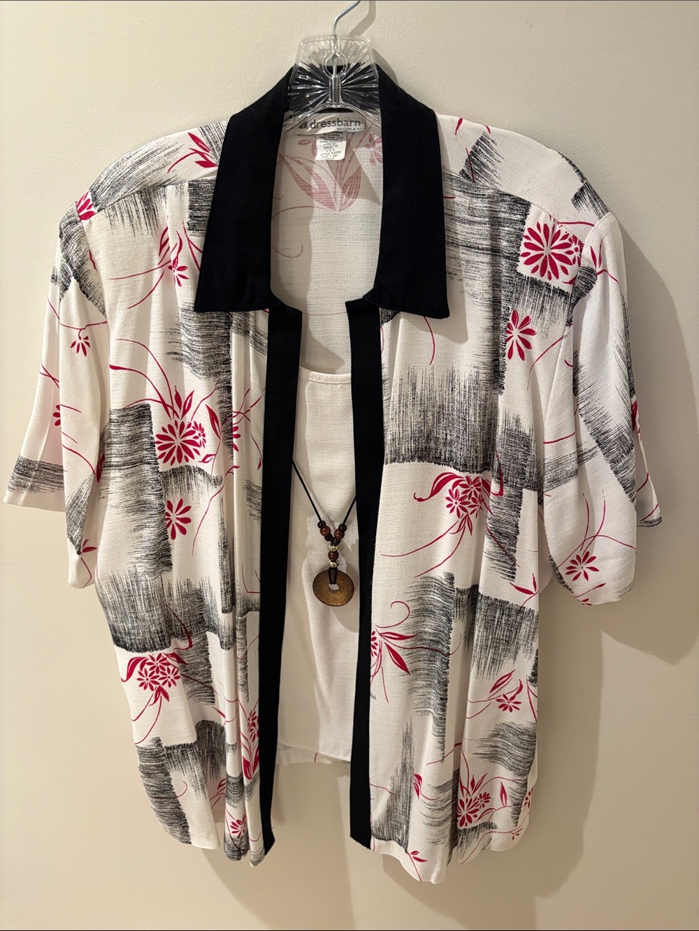 dressbarn White Camp Shirt with Black Trim and Red Floral Print